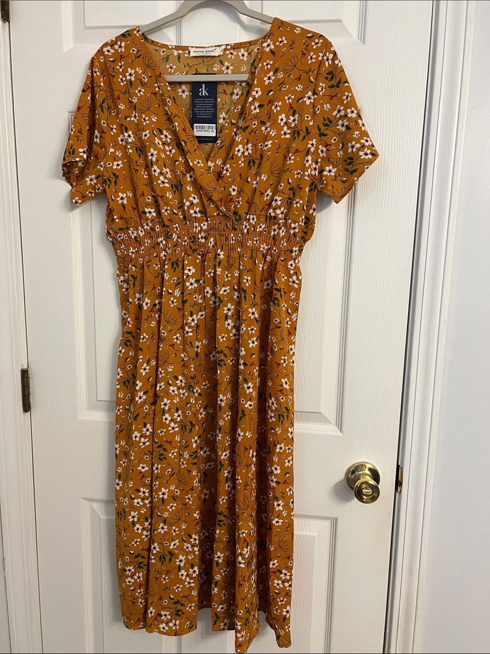 Dkny Mustard Floral Smocked-Waist Midi Dress